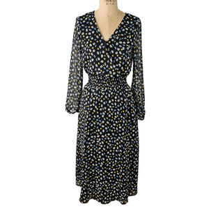 Pop Sugar Dress navy floral sheer long sleeve boho wrap front midi XS
